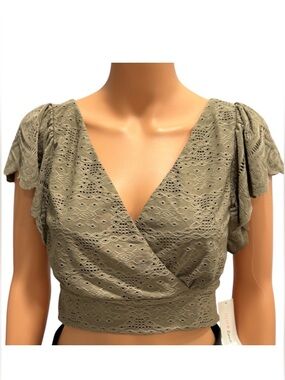 URBAN ROMANTICS Eyelet Detail Stretchy Cross Cross Crop Sage Green NWT Large